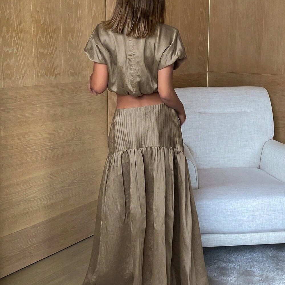 Coffee Brown Women's Vacation loose fit top with maxi skirt Outfit Set - Picture 2 of 7